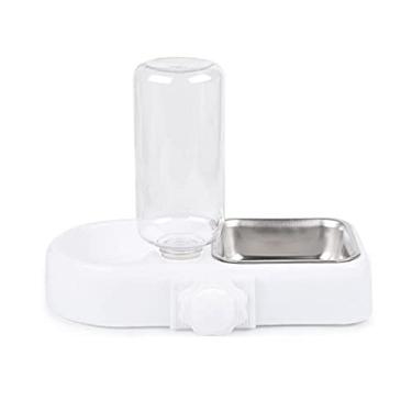 Imagem de Tigela suspensa de gaiola dupla com garrafa dispensadora automática de água, tigela removível de aço inoxidável para cães, gatos, pássaros, ração para animais de estimação, conjunto de água (branca)