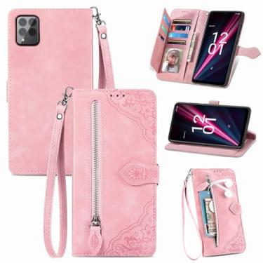 Imagem de Capa carteira compatível com T-Mobile Revvl 6 Pro 5G 2022 com alça de pulso, suporte para cartão de crédito, capa para celular Tmobile Revel Tmo Revell T Mobile Rebel 6pro TCL TMAF035G Rosa