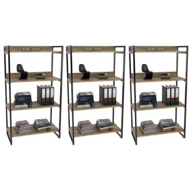 Imagem de Kit 3 Estantes Livreiro Multiuso Prisma Estilo Industrial 80cm 4 Prateleiras C08 Carvalho