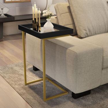 Imagem de Mesa De Canto Cor Preto / Dourado Apoio Para Sofá Detalhe Espelho Elegante