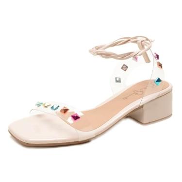 Imagem de Sandalia Vinil Transparente Com Tachas Spikes Colorido Metalizado Feminina Saltinho Quadrado Tamanho:35;Cor:Off White;Gênero:Feminino;Departamento BS:Esporte