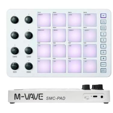Imagem de Controlador MIDI SMC-PAD M-VAVE, 16 Almofadas Sensíveis à Velocidade RGB, 8 Botões Atribuíveis, Conexão USB-C Bateria Recarregável sem fio suporta a maioria das conexões PC telefone celular CUVAVE