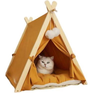 Imagem de Cama de ninho de gato tendas para gatos internos barraca de brincar camas grandes Canil de cachorro removível e lavável Four Seasons Pet Nest Cathouse removível de madeira maciça, laranja