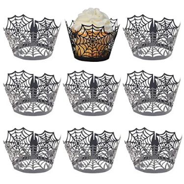 Imagem de Pacote com 50 embalagens de cupcake de Halloween, envoltórios de cupcake Gawertoy teia de aranha cortados a laser, forros de cupcake de papel, caixas de cupcake vazadas para decoração de festa de