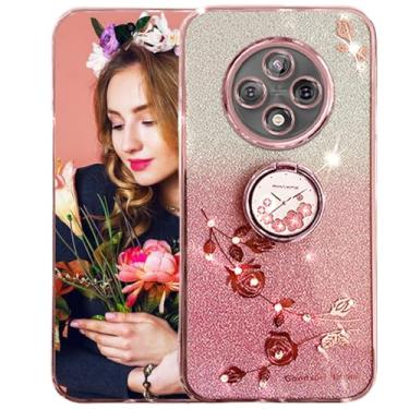 Imagem de Ysnzaq Capa brilhante para Xiaomi Redmi 14C / Redmi 14R / Poco C75 com suporte de anel, design floral com glitter transparente, fina, macia, TPU à prova de choque para mulheres e meninas para Xiaomi