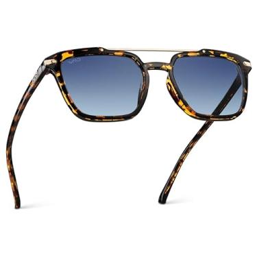 Imagem de WearMe Pro Óculos de sol aviador quadrado masculino moderno - ponte de metal duplo com lentes polarizadas, Armação de tartaruga âmbar/lente gradiente azul, One Size