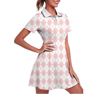 Imagem de FKEEP Vestido feminino de golfe, tênis, treino, atlético, com shorts/manga curta/bolso, 15 xadrez rosa, G