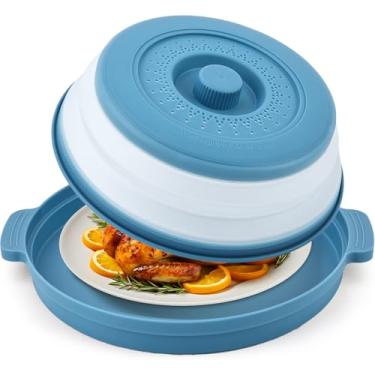 Imagem de Capa para respingos de micro-ondas para alimentos com placa de base antiqueimaduras, plástico grande e silicone ventilado para evitar queimaduras, tampa de proteção dobrável, utensílios essenciais de