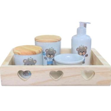 Imagem de Kit higiene bebê Príncipe Ursinho Realeza 5 peças - Bandeja, potes, po