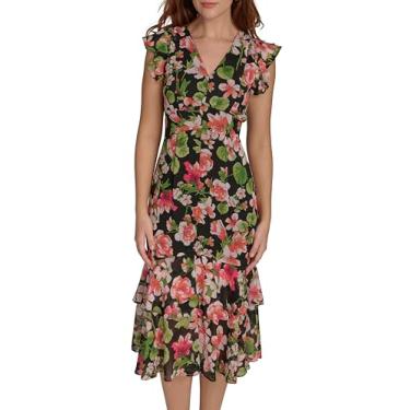 Imagem de Tommy Hilfiger Vestido feminino midi chique com bainha esvoaçante, Preto Multi, 38