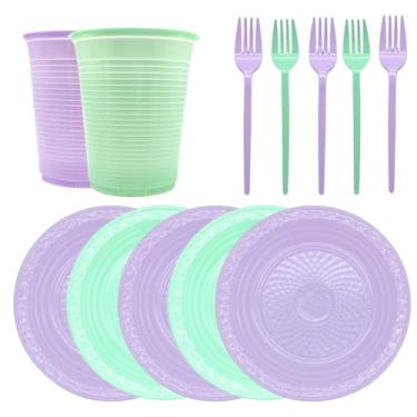 Imagem de Kit 150 Itens Festa 50 Garfo + 50 Pratinho + 50 Copo Descartáveis Chá Revelação Decoração (Lilas/Verde)