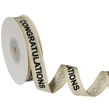Imagem de YKW Fita de algodão parabéns, fita de sarja natural de 1,5 cm x 10 m, acabamento em espinha de peixe creme para presentes de formatura, casamento e conquistas