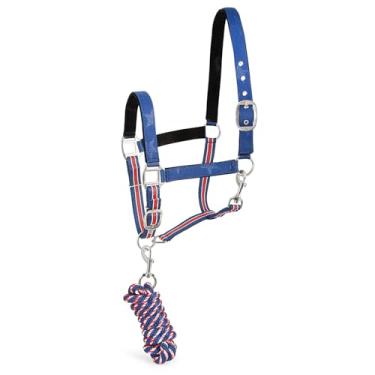 Imagem de Jeffers Conjunto de cabresto e corda de chumbo com cabeça de álamo, tamanho completo – Frente única ajustável de nylon acolchoado forrado com lã para cavalos – Equipamento de treinamento equestre para