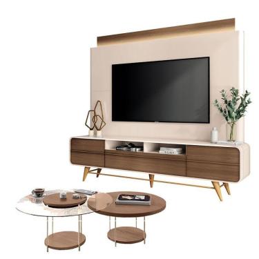 Imagem de Estante Home Theater Nobre Off White Castanho E Kit Mesa De Centro Sky Castanho – Hb Móveis