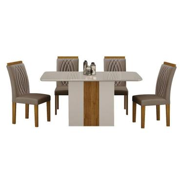 Imagem de Mesa De Jantar Doha 120x80 Off White Decor Off Com 4 Cadeiras Freijó Joli Camurça – Leifer Móveis