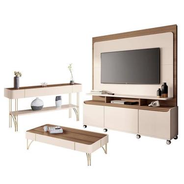 Imagem de Estante Home Theater Quantum E Aparador Vivant E Mesa De Centro Cadenza Off White Castanho– Hb Móveis