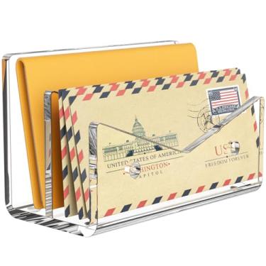Imagem de Rulyyo Suporte de envelope organizador de correio - 2 compartimentos de acrílico transparente para bancada, organizador vertical de mesa, caderno de documentos, organizador de cartas, para casa