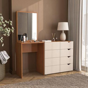 Imagem de Cômoda Penteadeira 4 Gavetas com Espelho Porto Freijo/Creme