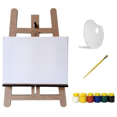 Imagem de Kit Pintura Infantil Mini Cavalete Tripé Madeira MDF Cru, Tela, Pincel