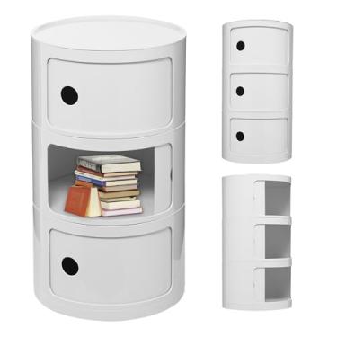 Imagem de Mesa lateral redonda de 3 camadas com armazenamento, mesa lateral de estilo moderno, armário de armazenamento multifuncional para sala de estar, quarto, banheiro (branco)