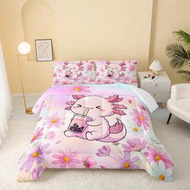 Imagem de QOOMO Jogo de cama infantil fofo com estampa de flores de desenho animado, tamanho casal, para decoração de quarto de meninos, meninas e adolescentes, macio e leve para todas as estações, 1 edredom e