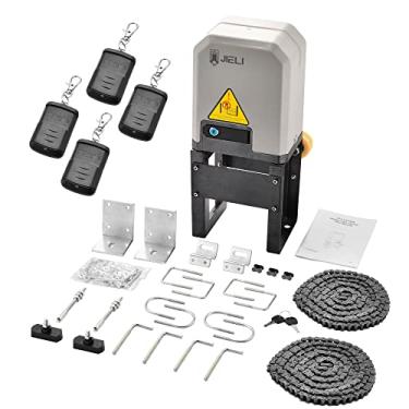 Imagem de JIELI JY7 Abridor automático de porta de correr com 4 controlos remotos, kit de hardware para operador de porta para porta de correr de até 1400 libras, motor elétrico de porta deslizante de
