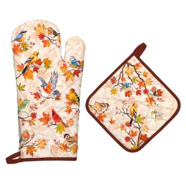 Imagem de Arquiel Conjuntos de luvas de forno e suportes de panela Fall Bird, 2 peças, 100% algodão, resistentes ao calor, luvas de forno extralongas para o Dia de Ação de Graças, cozinha, decoração de