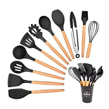 Imagem de Kit 12 Utensílios de Cozinha em Silicone e Cabo de Madeira Leve Antiaderente Duráveis Colher Concha Pegador Espátula Suporte