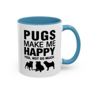 Imagem de Caneca Pugs Make Me Happy - Presente engraçado para amantes de cães, xícara de café com destaque - Ideia de presente de aniversário e Natal (azul claro, 325 ml)