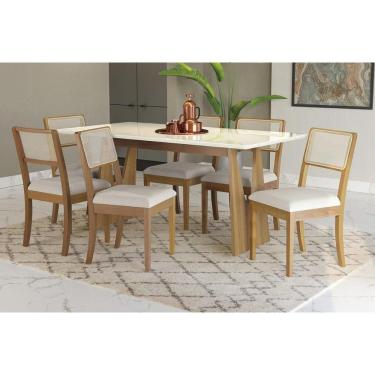 Imagem de Conjunto Sala de Jantar Mila Premium Madeira Maciça c/ Tampo Madeirado c/ Vidro 180x90cm e 6 Cadeiras Lola Carvalho/Off White - Linho Bege Argila-Kapp