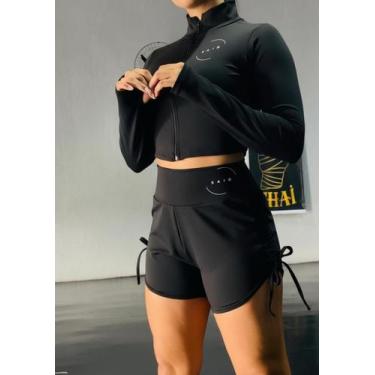 Imagem de Blusa Cropped Manga Longa Com Zíper Feminina Academia Fitness Poliamid