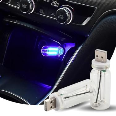 Imagem de AuMoHall Pacote com 2 luzes USB para carro, lâmpada de atmosfera de carro retrô conectada, mini garrafa de vidro regulável, luz noturna de neon portátil para decoração de interiores de carro (azul)