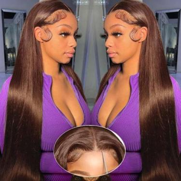 Imagem de Perucas FTQZKEY 32 polegadas, cabelo humano castanho de densidade 220,