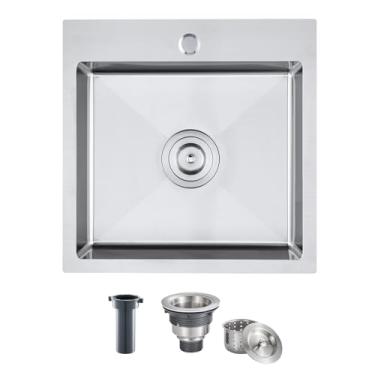 Imagem de MENATT Pia de cozinha de 45,7 cm, pia de barra pequena de aço inoxidável escovado, feita à mão, com orifício de torneira única, pias de cozinha de tigela única, P 45,7 cm x L 45,7 cm x A 15,7 cm