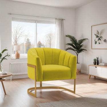 Imagem de Poltrona De ativa Sala De Estar Mavie Base De Ferro Dourado Suede Móveis Amarelo