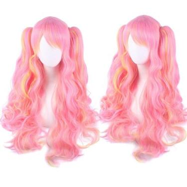 Imagem de Peruca de cosplay Lolita longa encaracolada rosa e amarela 68cm - yiwe