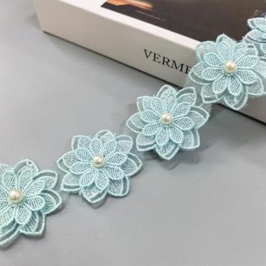 Imagem de YIYUQIN 2 jardas 3D pérola flor renda acabamento fita bordado acabamento renda flor aplique para vestido de casamento enfeite DIY vestido decoração, vestidos, decoração de casa (azul)