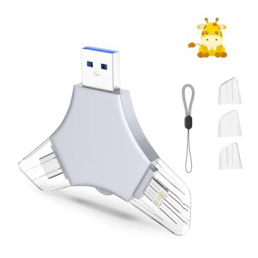 Imagem de Pen Drive USB 3.0 de 64 GB para iPhone, 3 em 1 com memória externa, suporte de fotos, vídeos, armazenamento de dados/backup, pen drives de alta velocidade V10.87 para iPhone/iPad/Android/PC – Hoary