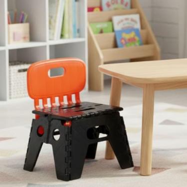 Imagem de Banquinho Infantil Dobrável Portátil C/Encosto em Plástico Preto e Laranja com Alça, Reforçado e Ergonômico, Suporta Até 100kg