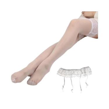 Imagem de Meias femininas sexy de renda quente até a coxa + cinta-liga suspensa 