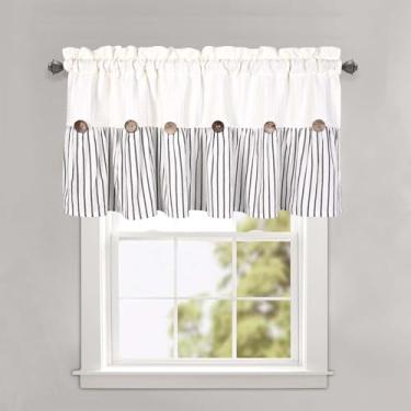 Imagem de DOSLY IDÉES Farmhouse Rustic Spa Waffle e saia de algodão, design plissado listrado preto com botões de coco, tratamento de janela para vários cômodos para cozinha, sala de estar, quarto, 132 x 45 cm