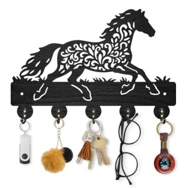 Imagem de MAYJOYDIY Porta-chaves de madeira de cavalo de corrida com padrão para parede, 29 × 19 cm, suporte decorativo de parede de animal, cabideiro, com 5 ganchos de liga para entrada, cozinha, escritório