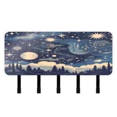 Imagem de Burbuja Porta-chaves de estrelas e lua com 5 ganchos, porta-chaves autoadesivo montado na parede, organizador de armazenamento de correio para entrada, decoração de casa