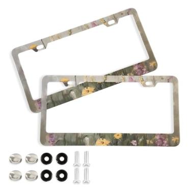 Imagem de CEBUGI Pacote com 2 molduras de placa de carro de alumínio capas de moldura de placa de carro com 2 furos flores silvestres acessórios automotivos para placas dianteiras e traseiras orifício elíptico