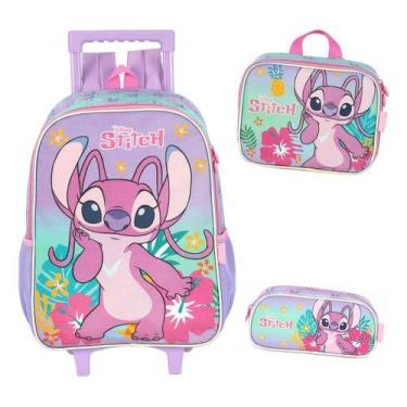 Imagem de Kit Mochila Rodinhas Costas Lancheira Estojo Stitch Angel - Luxcel, Ro