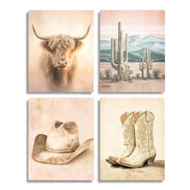 Imagem de Frimeeme Arte de parede vintage do sudoeste decoração ocidental, botas de gado e caubói das terras altas, estilo fazenda vintage, 20 x 25 cm, conjunto de 4 peças sem moldura