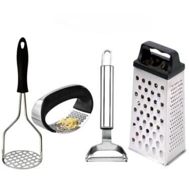 Imagem de Jogo 4 Peças Ralador 4 Faces Amassador Batata Amassador Alho Descascador de Legumes em Aço Inox(4 PEÇAS)