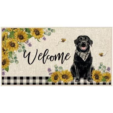 Imagem de Dlzdn Girassol preto labrador capacho de verão bem-vindo tapete de entrada antiderrapante de borracha para entrada interna e externa piso 40 x 76 cm