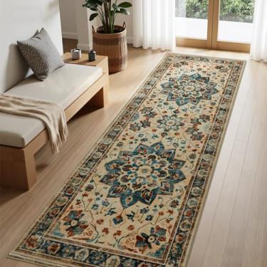 Imagem de Joydeco Tapete de corredor lavável 5 x 15 cm para corredor, tapetes macios antiderrapantes, tapete vintage de pilha baixa para entrada, quarto, cozinha, lavanderia, bege, azul e marrom avermelhado