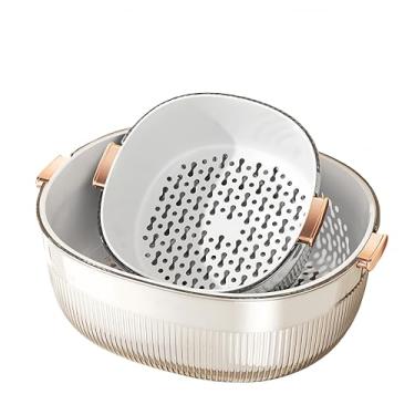 Imagem de Conjunto de escorredor e coador de camada dupla (grande + pequeno) - Cestas de ralo de cozinha PET de grau alimentício para lavar legumes, frutas | Filtros drenáveis resistentes a óleo, equipados com